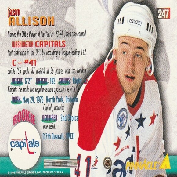 Jason Allison - 1994 Pinnacle Brands Rookie Card - Picture 2 of 2